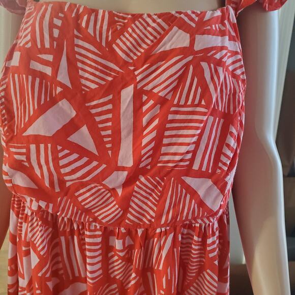 Eloquii Plus Size 24 Red & Pink Geo Print Flutter Sleeve Maxi Dress NO BELT - Picture 3 of 11